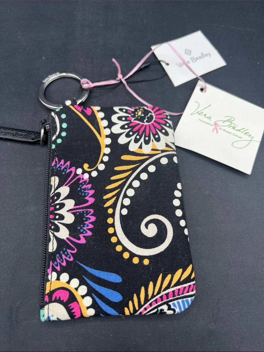 Vera Bradley Black Multi Paisley Zip Key Pouch with Ring ID case